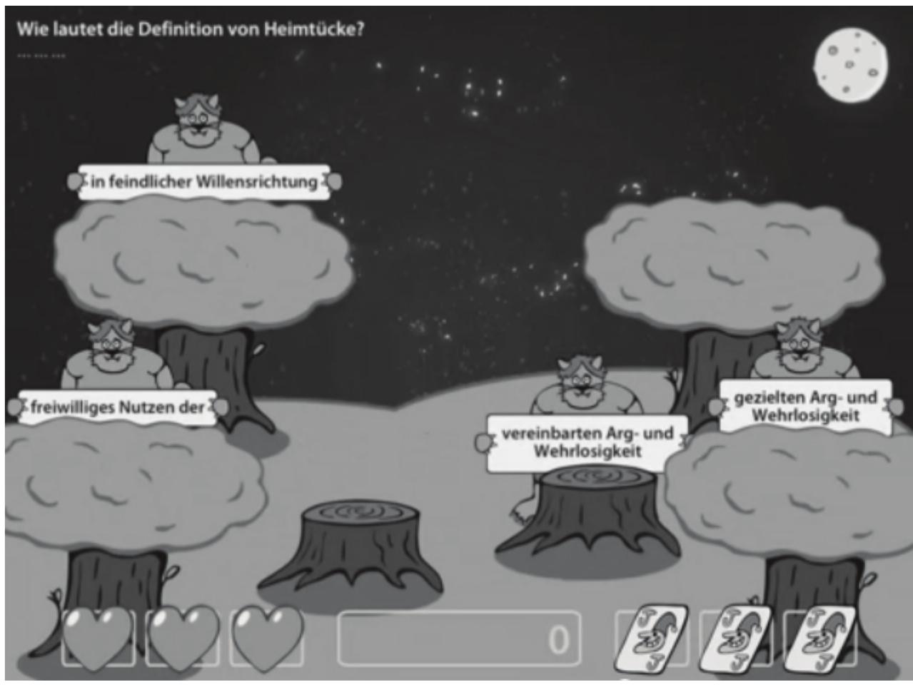 Figure 2: JuraShooter StGB: Tapping definition elements  Gameplay experiences: Our personal gameplay experiences have been dominated by audiovisual feedback caused by tapping the monsters. It seems to act both as a reward and a short cycled feedback. This feedback and the additional entry in the high score list are the main motivational elements of this game. Extrinsic moti- vation for learning the content vanishes during the play. Answering questions becomes a tool for reaching a high score — at least for a certain type of player. This conclusion is not yet backed up by scientific data. How- ever it is derived from the entries in high score lists: Top entries can only be reached when the player instantly taps the first appearance of each answer. That is when the correct answer is perfectly memorized and can be  answered without delay (Buttlar et al. 2012). 