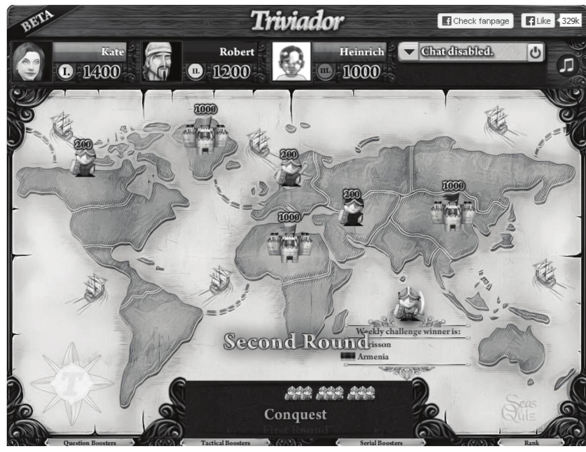 Gameplay experiences: Our gameplay experiences contained a similar trait as those already mentioned for JuraShooter StGB: Especially in the war mode the desire to win a duel outshines the awareness of probable learning. In the context of this game questions become a tool to win a match. They are not the primary pur- pose of playing the game, but an integrated game mechanic.  Figure 3: Triviador: Selecting bases 