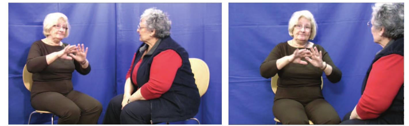 FicureE |. Screenshots from BSL Corpus Project video data
<pair view and individual view> (L36+L37c and L36c)
 one placed near each participant, but not in view of the video camera. Participants were
seated in chairs without arms to prevent them from resting their elbows while signing as
this interferes with sign language production — observation suggests that people tend not to
hit target locations that are higher on the body when they are resting their elbows, for ex-
ample. Furthermore, all participants were required to wear plain colored clothing on their
upper body. We brought plain dark t-shirts to filming sessions in the event that interview-
ees arrived for the filming session wearing something that did not meet our requirements.
Again, colored and patterned clothing can interfere with the ability to code subtle features
of signs, such as finger configurations.
