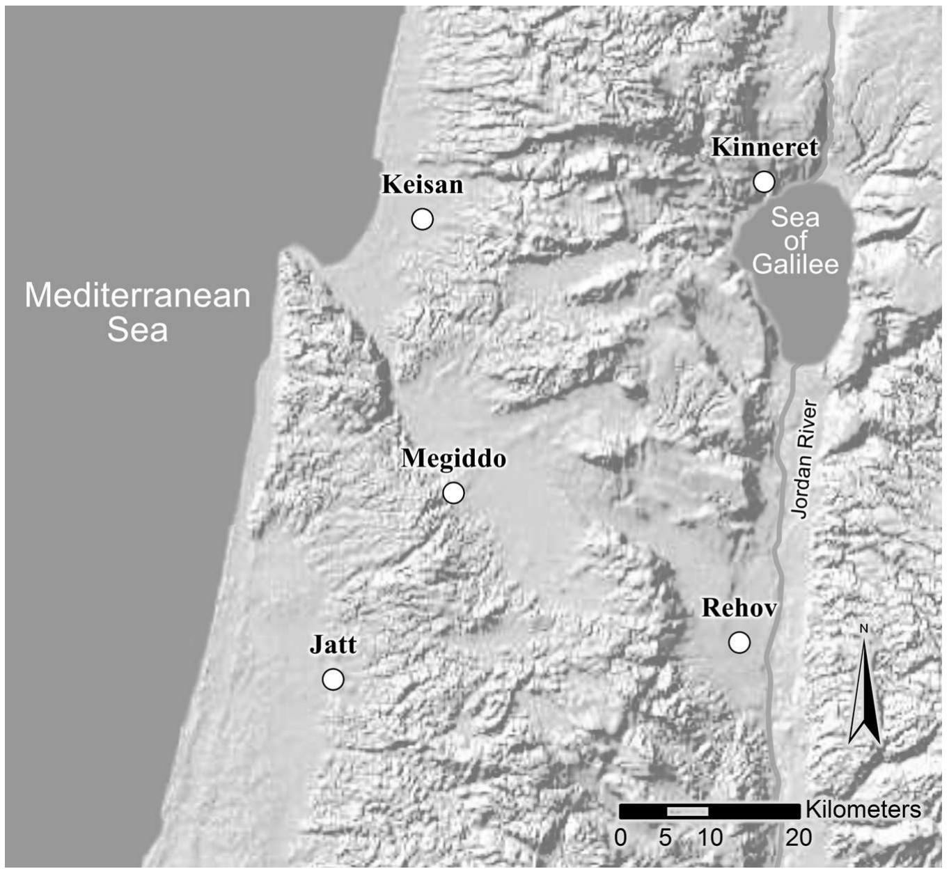 Figure 7. “New Canaan, late Iron I city-states in the north.  Acco declined at the end of the Late Bronze Age, but Tell Keisan—most probably the location of Late Bronze and biblical Achshaph—continued to prosper in the Iron I (Humbert 1993). It seems that it served as the main center of the northern coastal plain, with its port located at Tell Abu Hawam at the outlet to the Kishon River in the Bay of Haifa. Tel Yokneam was proven by petrographic investigation of the Amarna tablets to have been a center of a Late Bronze city-state. Similar to Megiddo, this site also recov- ered in the early Iron I and became a prosperous center in the late Iron I. Dor prospered at that time, too, stretching over an area of 7-8 hectares. Its inhabitants engaged in intensive trade with Phoenicia and Cyprus (Gilboa and Sharon 2003). A monumental building excavated in the south of the mound attests to the wealth and urban nature of the Iron I city, which must have dominated the coastal plain of the Carmel ridge. It is possible that Dor  renlaced T ate Rrnnve Ginti_kirmil ae the main center in thie reainn 