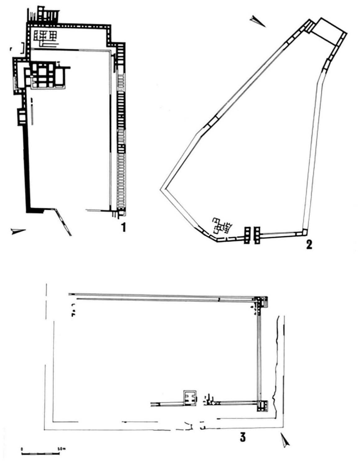 Figure 21. Plan of three Omride sites: 1. The royal compound (uppe: platform) at Samaria; 2. Hazor; 3. Jezreel. 