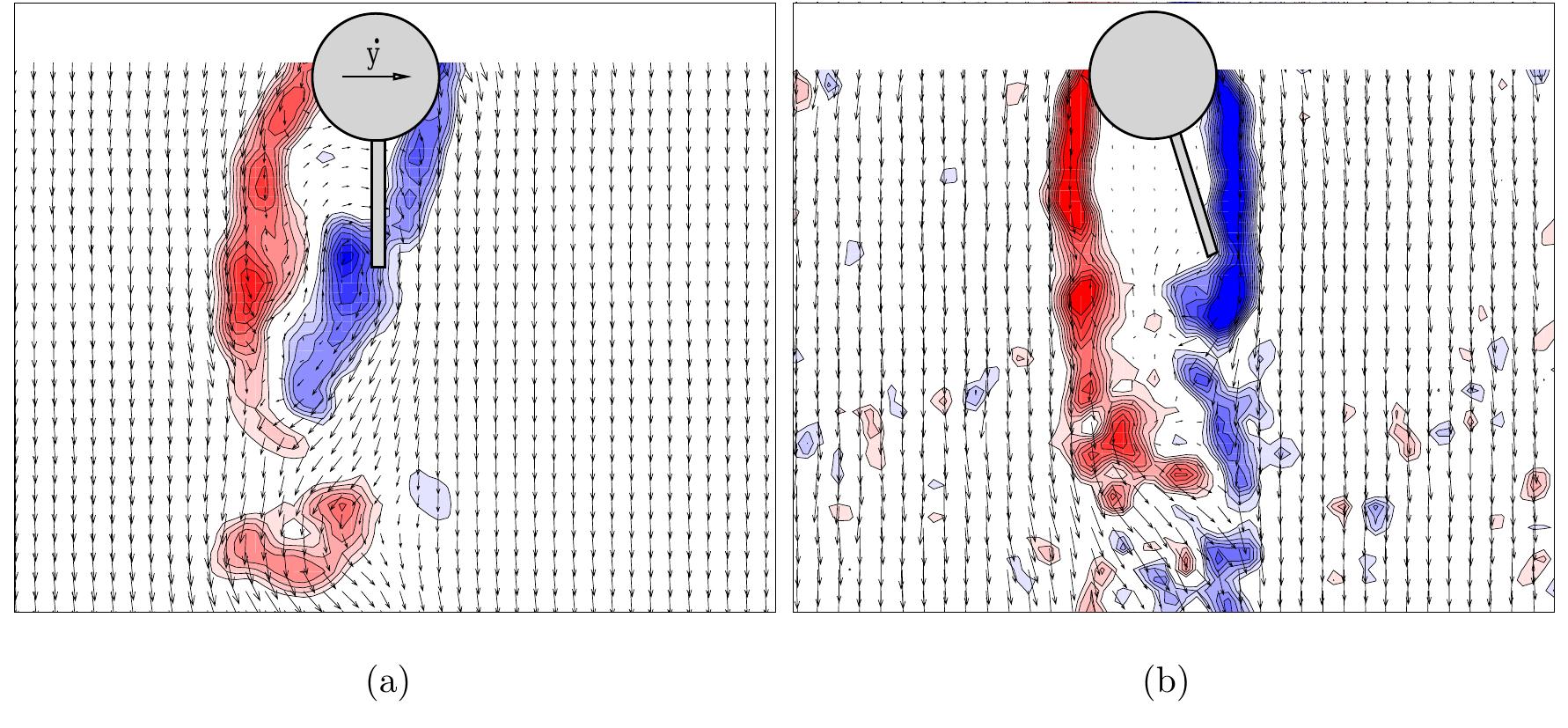 4: instantaneous velocity vectors and vorticity contours for