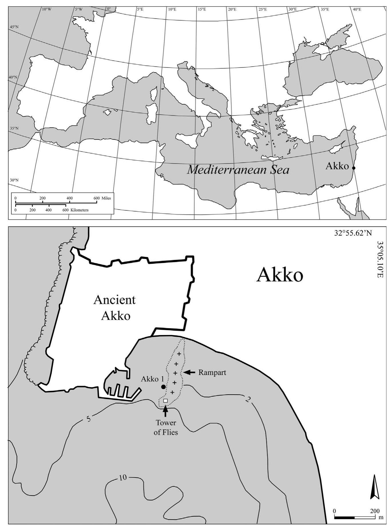 Fig. 1. Location of the Akko 1 shipwreck and Akko in Haifa Bay (drawing: S. Haad and N. Yoselevich). 