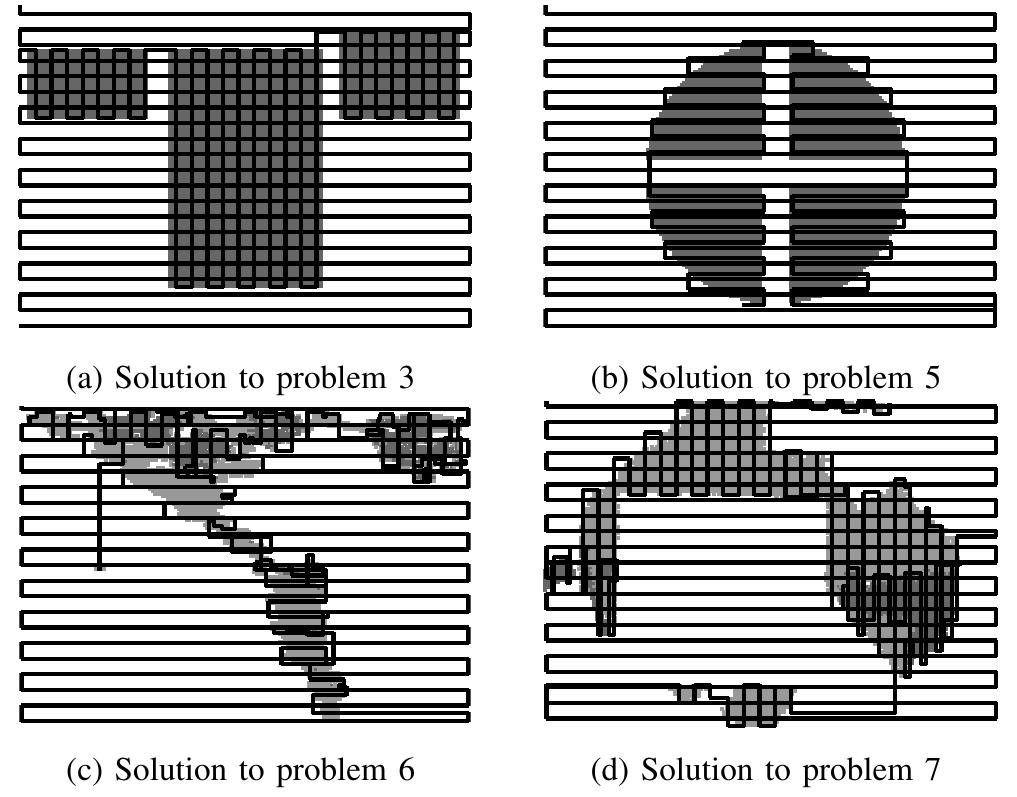 Fig. 5. Solutions found by DpSweeper; complex, ripples, and flat seabed cells are respectively filled with dark gray, gray, and white.  { The solving times of the HCPP method are not published. t Shorter is better, ties are broken on the number of turns. 