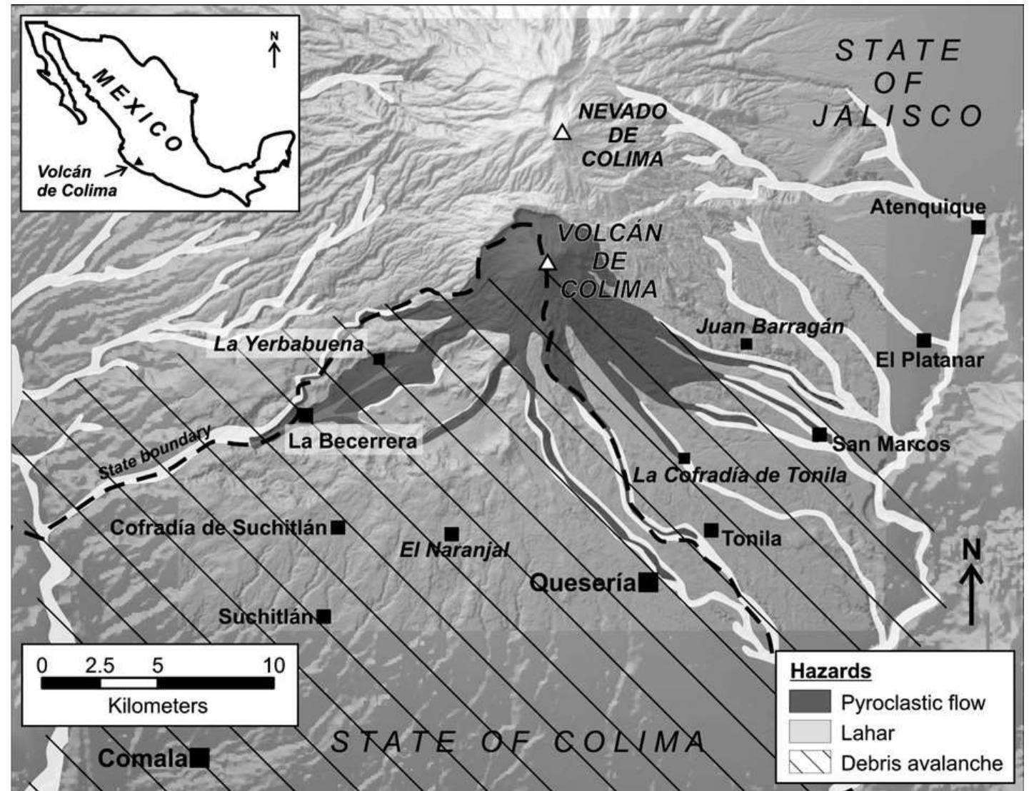 Location and simplified hazard map of volcan de colima,