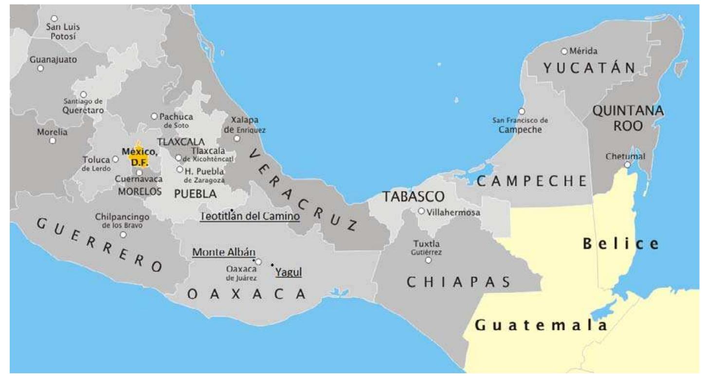 Fig. 1: Map of southern Mexico, sites mentioned in the text are underlined. 