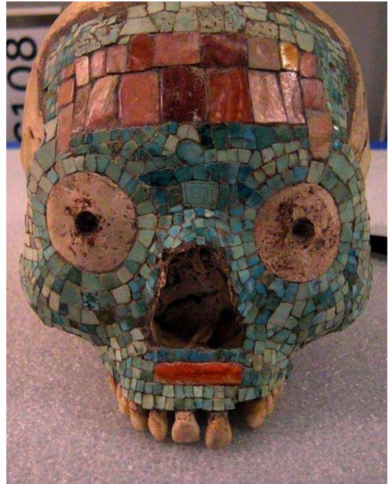 The DeYoung Museum of Fine Arts in San Francisco, USA holds one mosaic skull in its collection. This skull entered the museum collections through a bequest from Harald Wagner in 1978. Since the museum staff had little knowledge of the provenance of the mosaic skull and were unsure about its authenticity, Ellen Hvatum Werner of the DeYoung consulted Dr Gordon Ekholm, then curator emeritus at the American Museum of Natural History (AMNH) and the foremost expert on authenticating pre-Columbian pieces in the twentieth century, on the skull’s possible authenticity. In his letter to Dr Werner, Dr Ekholm states: ‘in my 