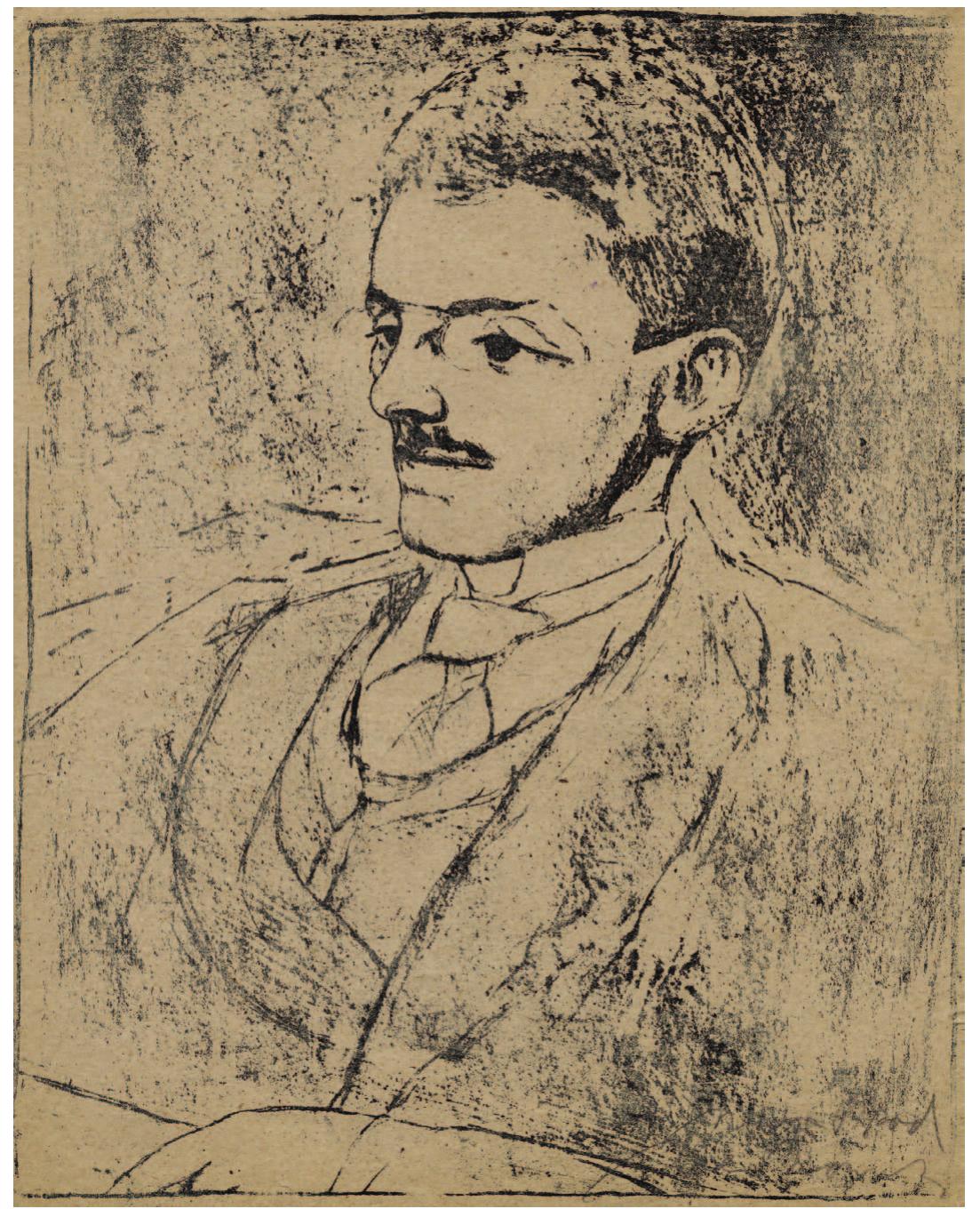 Fig. 1. Willi Nowak, Max Brod, ca. 1911-12. Lithograph, 37.5 x 29.5 cm. Jewish Museum, Prague. Photograph © Jewish Museum, Prague 