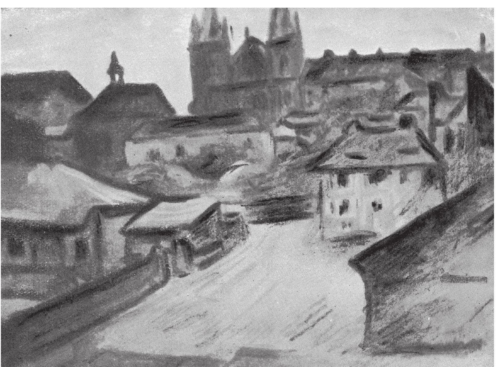 Fig. 9. Friedrich Feigl, The Emmaus Monastery at Podskali. Present whereabouts unknown. Reproduction in Das jiidische Prag. Courtesy of the I. Edward Kiev Collection, Gelman Library, The George Washington University. 