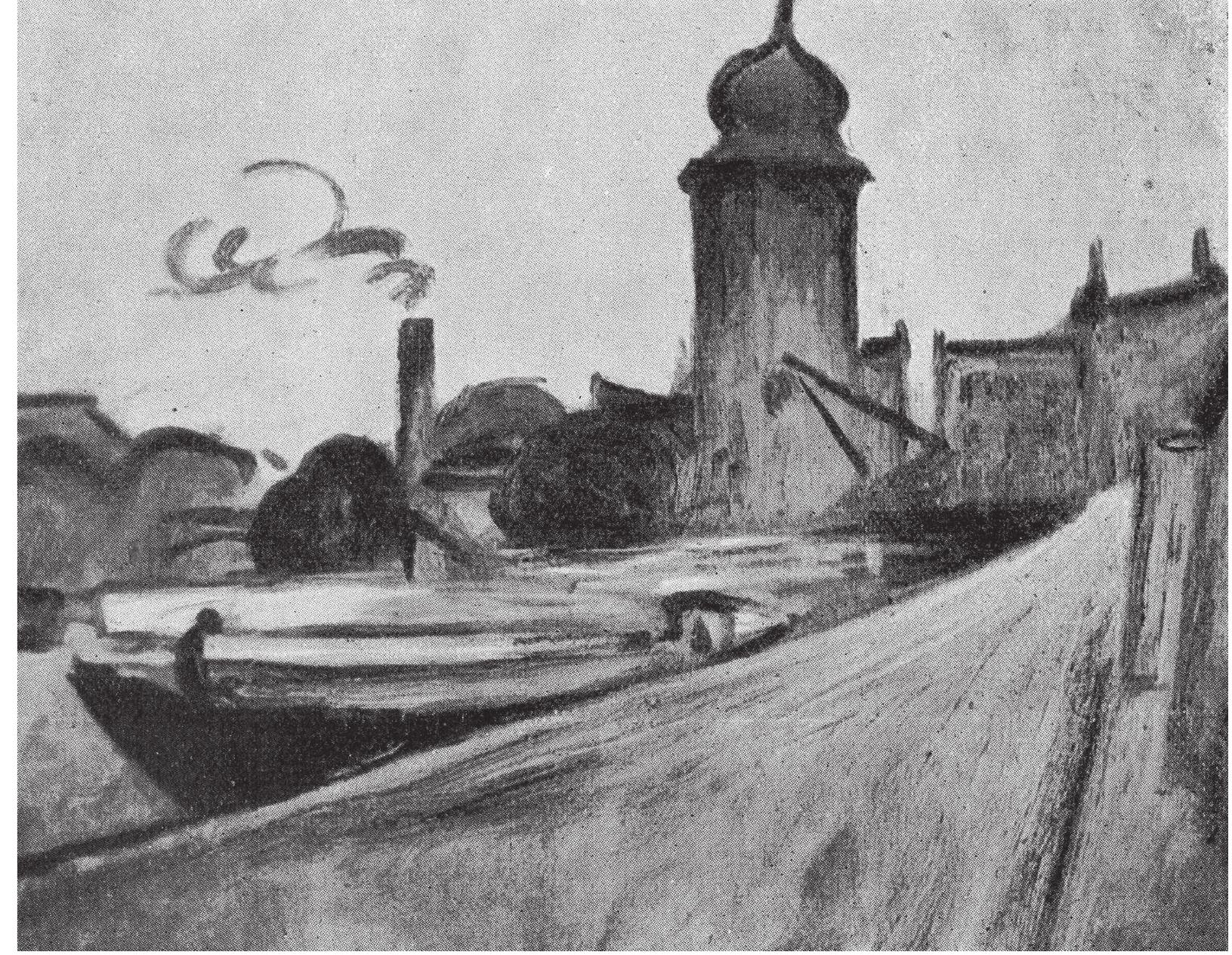Fig. 10. Friedrich Feigl, Mill Tower on the Rieger Embankment. Present whereabouts unknown. Reproduction in Das jiidische Prag. Courtesy of the I. Edward Kiev Collection, Gelman Library, The George Washington University. 