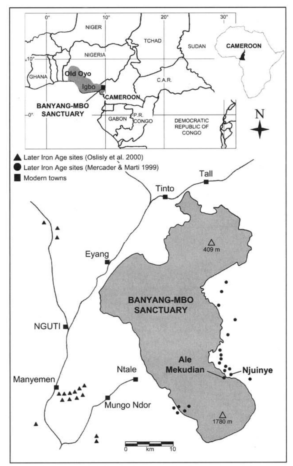 Figure 1. Later Iron Age sites in the vicinity of the Banyang-Mbo Wildlife Sanctuary (shaded area). The inset shows the location of the Old Oyo kingdom and Igboland in Nigeria and the ter- ritorial extension of them in southwestern Cameroon suggested by the ceramic evidence. 