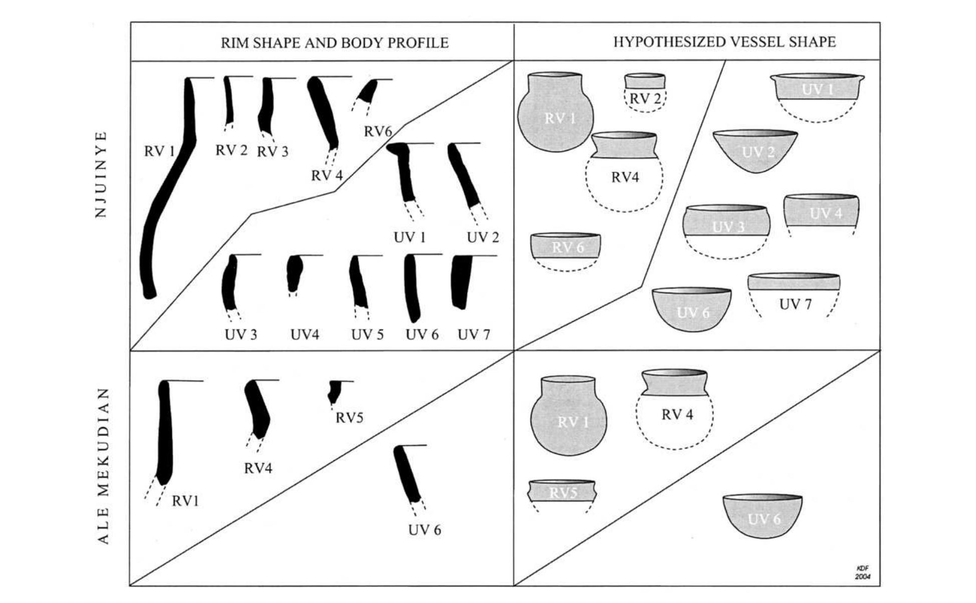 Figure 3. Rim and body profiles of sherds (Jeff) and hypothetical recon- struction of vessel shapes (right) represented at Njuinye and Ale Mekudian. 