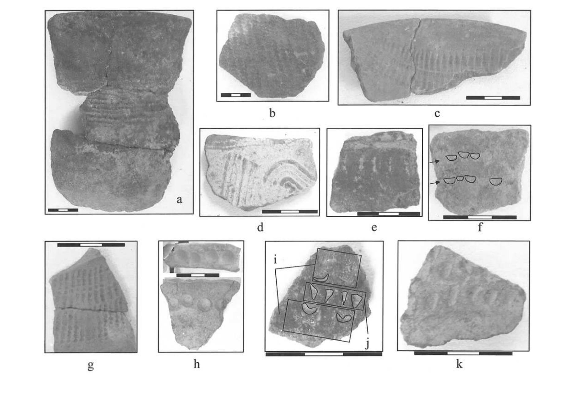 Figure 4. Impression techniques identified at Njuinye and Ale Mekudian. a, knotted-string roulette; b, knotted-cord roulette; c, linear carved wooden roulette; d, linear and curvilinear combing (with carved wooden roulette); e, i, fingernail impressions; arc-shaped or scallop-shaped im- pressions; g, dot punctation; h, circle impression executed with round tool twisted into the clay; j, triangle impression; k, oval impression. 