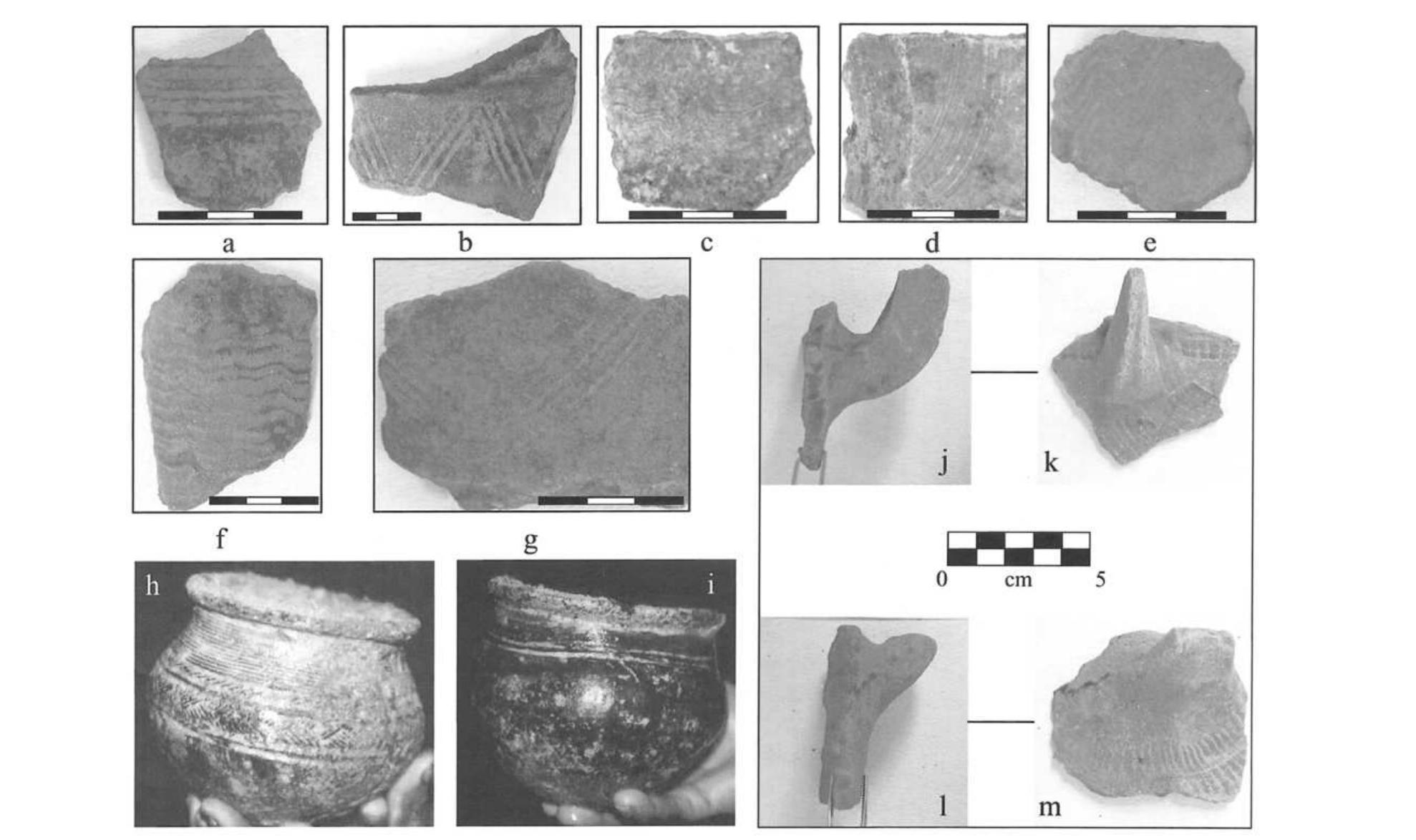 Figure 5. Incision techniques identified at Njuinye and Ale Mekudian. a. deep horizontal linear grooving; b, linear combing, triangle motif; ¢, d broom/brush incision; e, f, wavy incision; g, zigzag incision; h, fine hor- izontal linear grooving, oblique incision, alternating incised triangles black burnish; i, horizontal linear grooving, black burnish; j, k, appliqué horns/ears with rectangular carved wooden roulette decoration; |, m appliqué horns/ears with linear carved wooden roulette decoration. 
