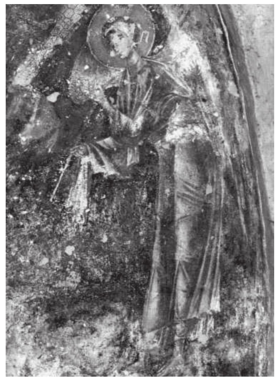 Fig. 12. Molaoi, Ayios Yeoryios, Virgin Mary Enthroned, Angel in proskynesis, detail 
