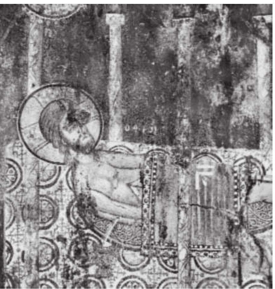 ihe depiction of the an- gel-priest (Fig. 5), in lieu o: the typical Melismos repre- sentation, in Ayios Yeoryios at Foutia, can be attributed te someone, it appears, familia with the expressed theological symbolisms. This was, per- haps, a priest who was alsc able to render these symbol. isms artistically, despite the awkwardness of his hand. I could be that painter B might have been that priest and the person responsible for the program, seeking to expres: himself stylistically with a personal emphasis Painter C renders the Melismos representation ir a slightly different way in the painting ensembles  Fig. 14. Maleas, Ayios Yeoryios, Melismos, Christ sacrificed or dismembered, detail 