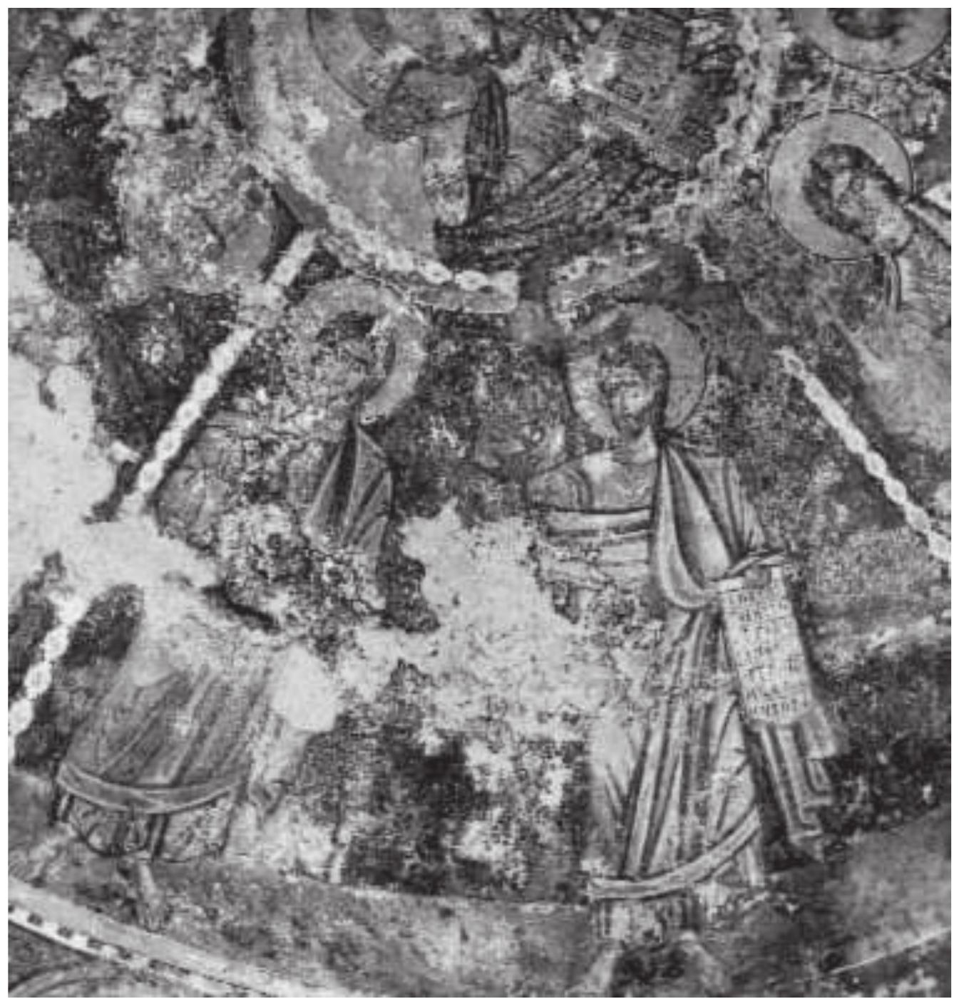 Fig. 15. Maleas, Ayios Yeoryios, Dome, partition with the depiction of Moses and ar unidentified prophet  The foregoing evidence unidentified prophet  suggests that the painters of  this provincial workshop ac-  tively participated in the artistic process.’° In fact, the donor of the Panaghia Heimatissa catholicon accepted the simultaneous and almost equal contri- bution of two painters, who, despite their common characteristics, are clearly differentiated. 
