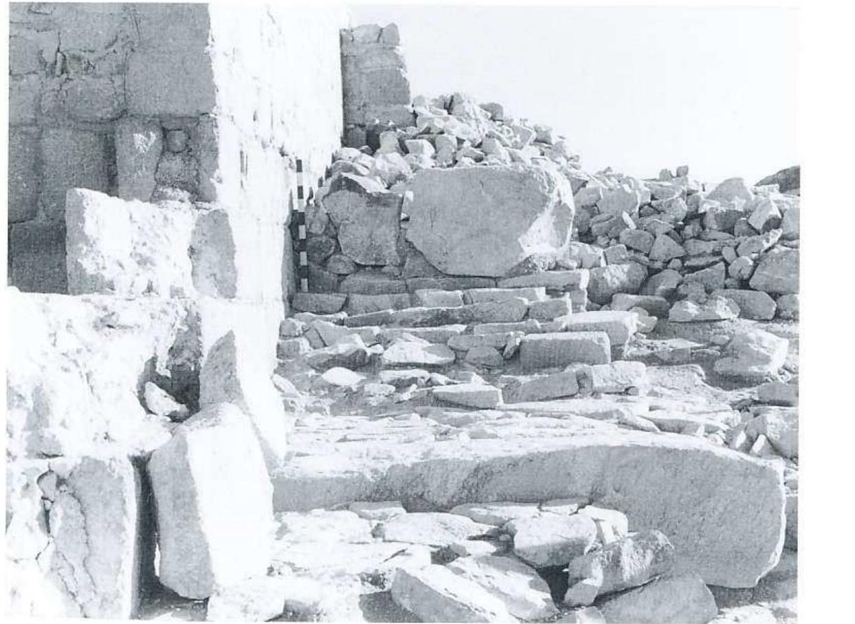 Figure 25. Remains of a staircase along the prolongation of the basilica’s west wall and the west wall of the auxiliary building on top of which the mosque was built, sixth century. Courtesy of the photographic archive of the Hellenic Archaeological Mission to South Sinai. 