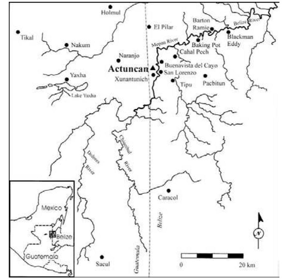 Figure 1. Map showing the location of Actuncan in relation to nearby archaeological sites (LeCount 2004:Figure 1).  In ancient Mesoamerica, some long-occupied centers cycled through periods of prominence, decline, and resurgence. Actuncan was one such center. It rose to prominence in the upper Belize River valley during the Terminal Preclassic period, declined in the Early Classic period, and resurged again during the Terminal Classic period. We suggest Actuncan’s position on the landscape and the collective memory of its past were a source of social capital for political leaders and dissidents alike to manipulate, making the site a powerful agent of change. This manipulation can be seen in the reworking of Actuncan’s Structure 19 into a noble palace when the site was subsumed into the Late Classic polity of Xunantunich. Although Structure 19’s substructure dates to the Terminal Preclassic period, much of the summit architecture and ancillary buildings that formed a noble court were built in the Late Classic period. Later, the complex was razed late in the Late Classic period before a new Terminal Classic integrative building (Group 4) was built to the east. Based on these data, we suggest these actions are symptomatic of Actuncan’s dissidents’ rejection of Xunantunich’s divine authority and their rapid adoption of a new form of authority during the Terminal Classic period. 