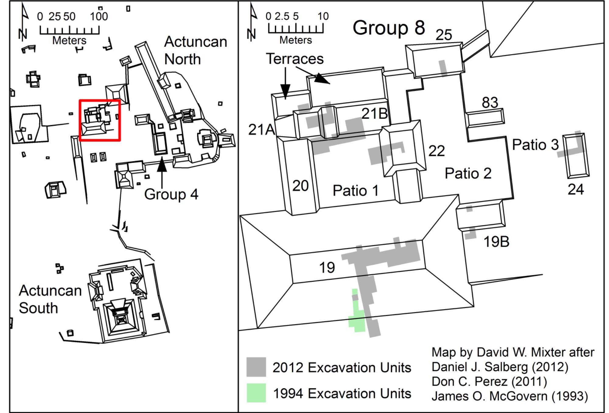 Figure 2. Map of Actuncan showing the location and layout of Structure 19 and Group 8. The inset image indicates the location of James McGovern’s 1994 trench into Structure 19 and the Actuncan Archaeological Projects 2012 excavations. Note the low terraces located on the northern side of Group 8. Also note the location of Group 4, a new civic group constructed during the Terminal Classic following the abandonment of Structure 19. 