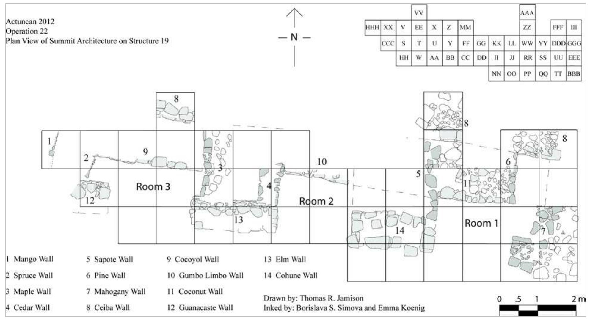 Figure 4, Plan showing the terminal architecture of Structure 19-1 prior to the final subphase of construction when rooms 2 anc 3 were filled with limestone rubble. 