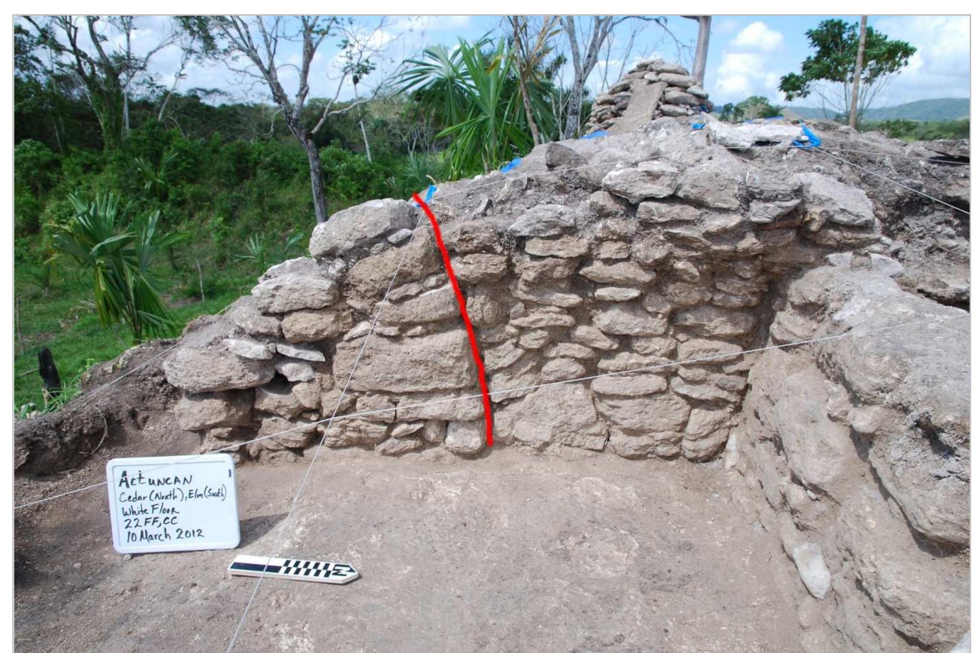 Figure 6. Image of the collapsing southern wall of Structure 19. Note how the intemal wall addition was constructed to fill in where the outer wall has pushed outwards. 