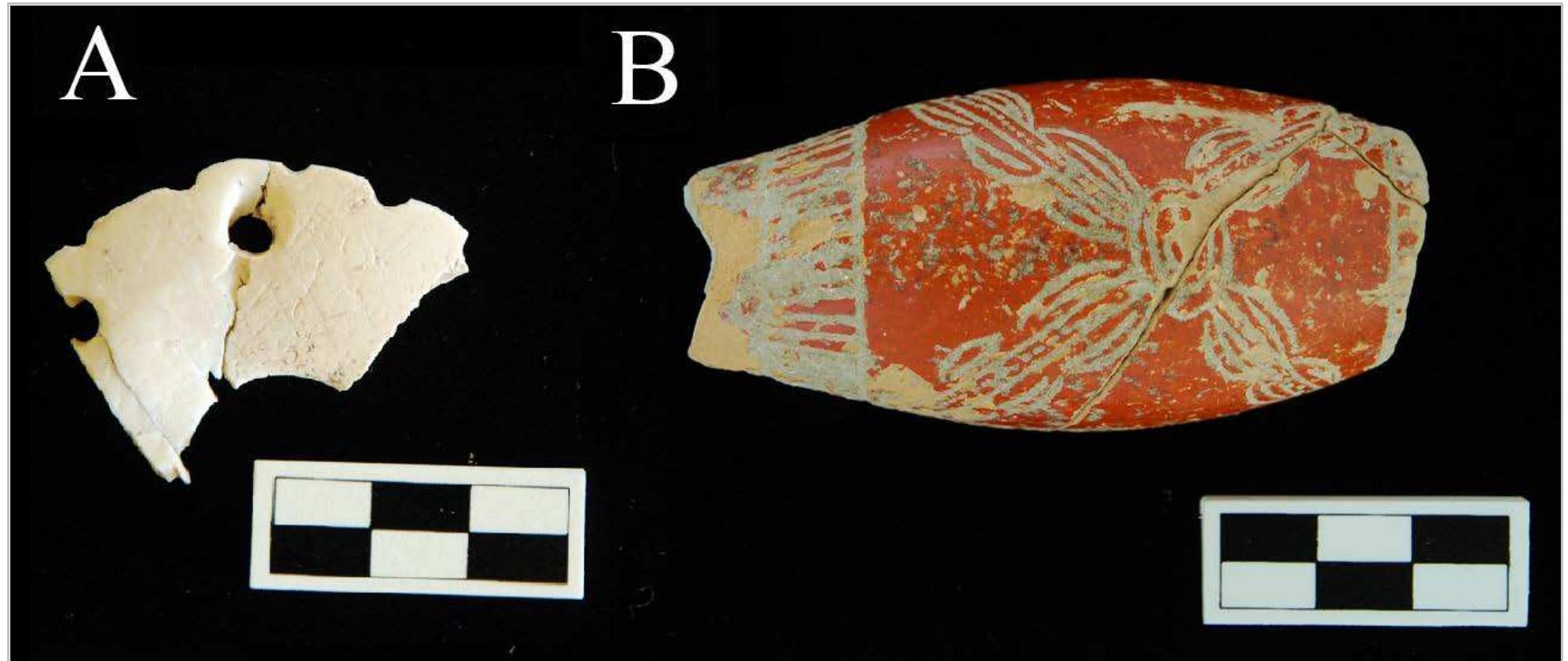 Figure 7. Materials found in the Terminal Classic termination deposits located on Structure 19 and south of Structure 21A. (a) Carved marine shell pendant. (b) Carefully halved Belize Red Incised ocarina. 