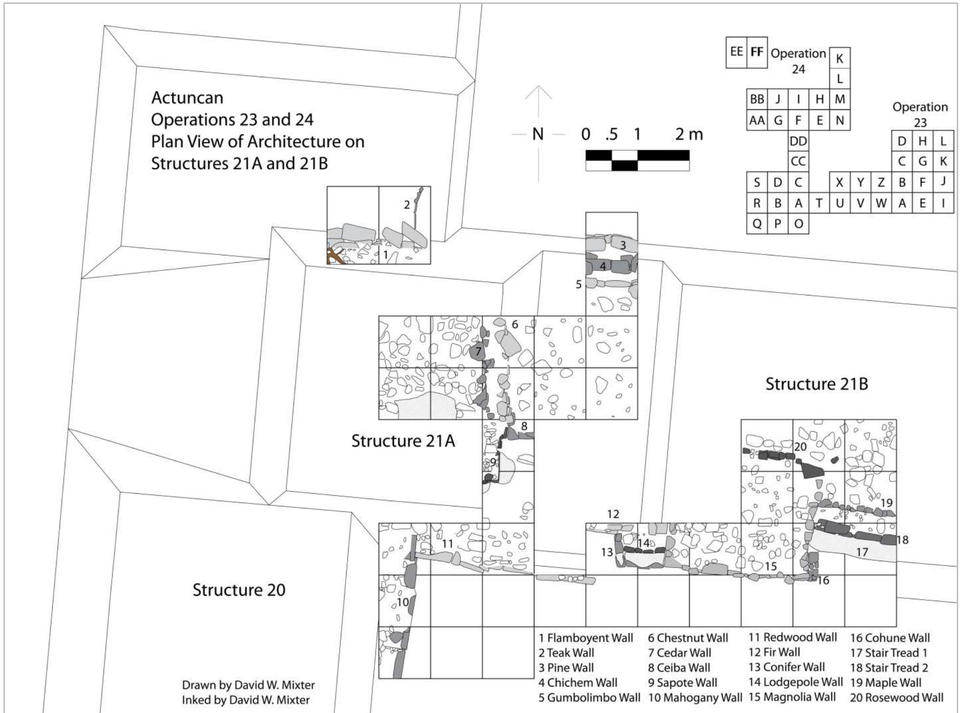 Figure 8. Plan of excavations on Structures 21A and 21B showing both buildings’ terminal phases of construction. 