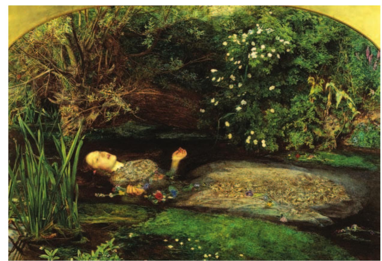 Figure 9: Ophelia (1851-1852), by John Everett Millais (1829-1896). © De Agostini/ The British Library Board. All Rights Reserved 17/10/2013, 92002484, 823.  MODERN DAY OPHELIA  Ophelia is a very curious heroine. In Shakespeare’s play, she is conventionally portrayed as neither impressively dramatic nor visibly essential as a character (Pitt 1981: 56).° It is rather, the artists and poets in the nineteenth century onward who ascribed the artistic and poetic significance to Ophelia. This might be explained by the popularization of ‘maidenly madness’ as an artistic subject in the Romantic era. In the early to mid-nineteenth century opera, for example, ‘maidenly madness’ was a popular theme. The similarities between Ophelia and the heroine of Lucia di Lammermoor (1835), Gaetano Donizetti’s operatic adaptation of Sir Walter Scott’s novel The Bride of Lammermoor (1819), are often assumed. Apparently, ‘[t]he vision of Lucia in a white nightdress, with dishevelled hair, still a feature of most modern productions, inevitably recalls the dishevelment of the mad Ophelia’ (Smart 1992: 125). 