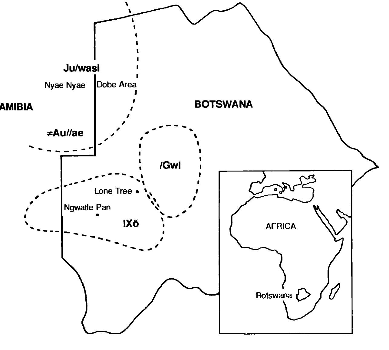 Distribution of language groups in Botswana/Namibia (after Tanaka, 1980; Lee and De Vore, 1976) 