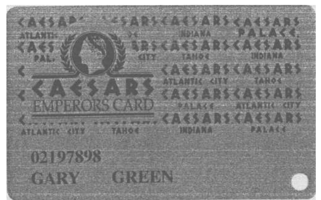 The “other” Caesars card required at Las Vegas Caesars. It took TWO cards to play in two Caesars casinos...even as a rated player!...and different cards to play at each of the other PPE properties. And look at the graphics on this card: the “Emperors Card” logo was haphazardly (and crooked) stuck on top of the background as if designed by a 7" grader. 