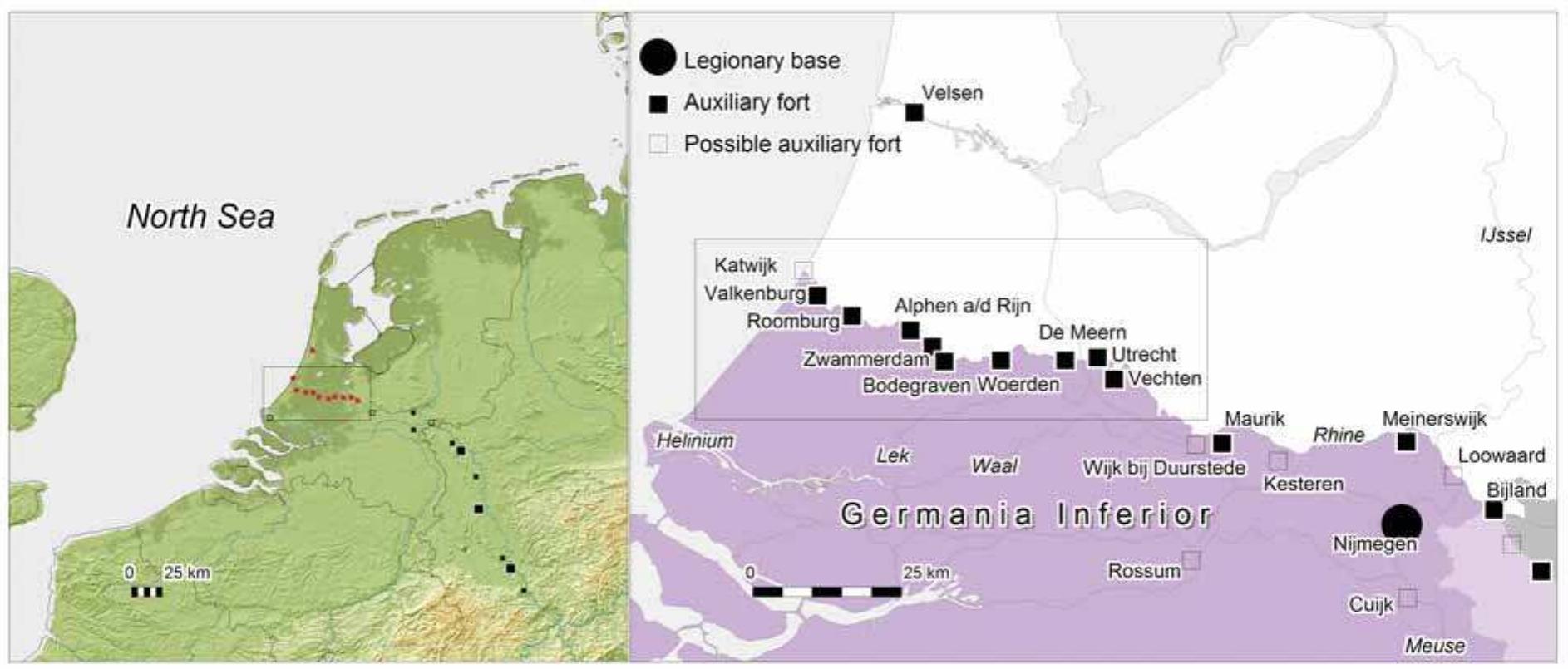 Figure 1. Research area in the Netherlands with Rhine delta forts projected on modern topography (after Polak, 2009). Box indicates research area and in purple the Roman province Germania Inferior at the end of the first century A.D.  In this way, the calculations will give an indication whether the carrying capacity of the area was significant or not and contribute to the discussion on the role of the local population in the provisioning of the Roman army and its associates. Therefore, the research offers a unique opportunity to gain further insight into both the carrying capacity of the landscape and the local supply and demand of wood and food in the Lower Rhine delta after the arrival of the Roman army. 