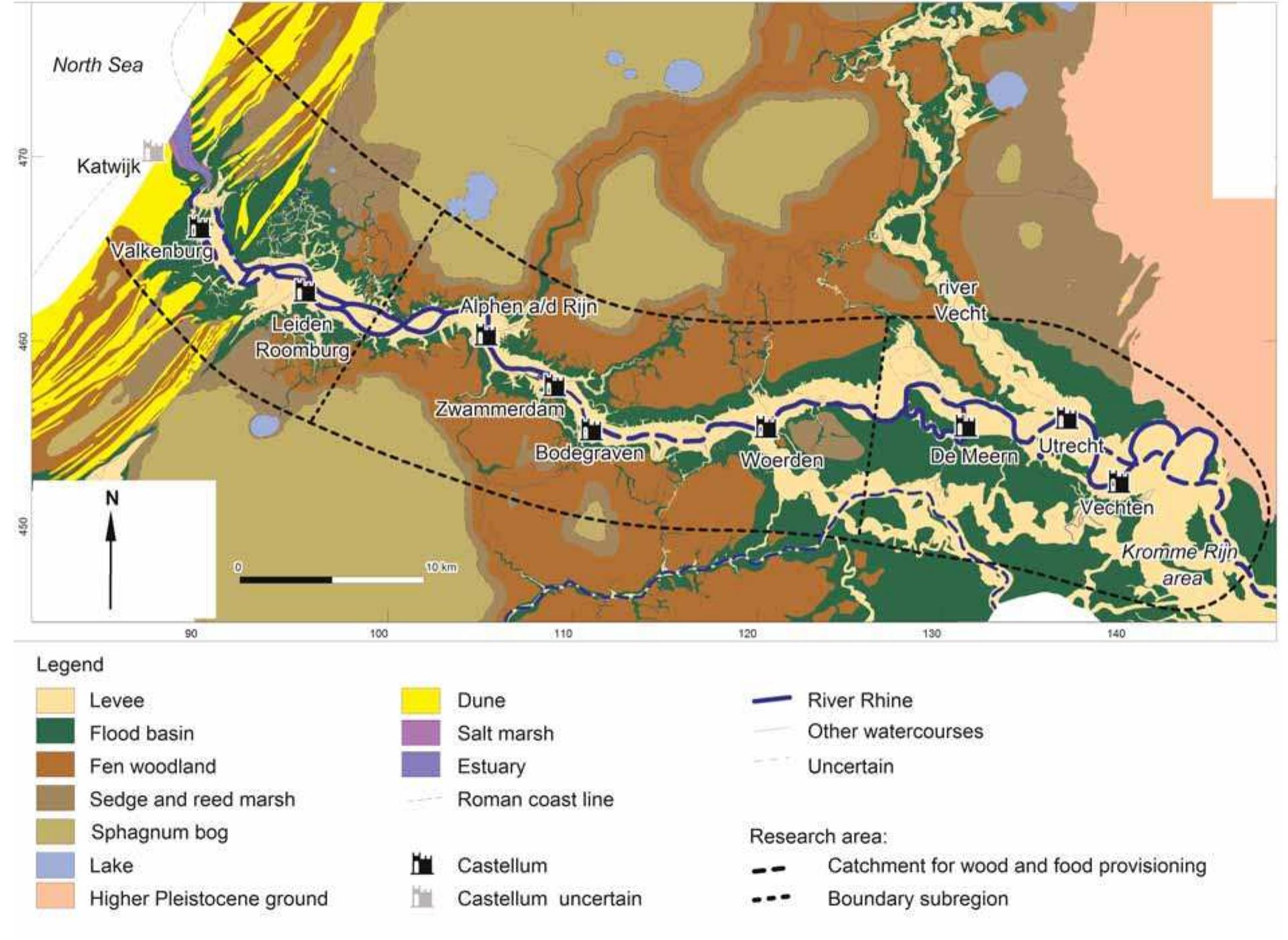 Figure 3. Palaeogeographical map of the western Lower Rhine delta during the Roman period (after Van Dinter 2013).  We applied the model to the limes zone in the Lower Rhine delta in the period A.D. 40 - 140. Settlements were located on the alluvial ridges of the Lower Rhine, while the gathering of wood and production of cereals and animal food in the research area is assumed to be basi- cally restricted to a c.10 km wide zone distributed evenly on both sides of the river (fig. 3; Vos 2009, 230). The eastern border is positioned halfway between the Roman fort at Vechten and the fort at Wijk bij Duurstede, e.g. about eight kilometres east of Vechten, and the North Sea forms the western border. The study period is limited chronologically to the period from AD 40 to 140, the time by which a highly complex defence system had been established in the Lower Rhine delta. As the population size distinctly changes around 70 AD, we distinguish an early Roman period (AD 40 — 69) and a middle Roman period (AD 70 — 140). 