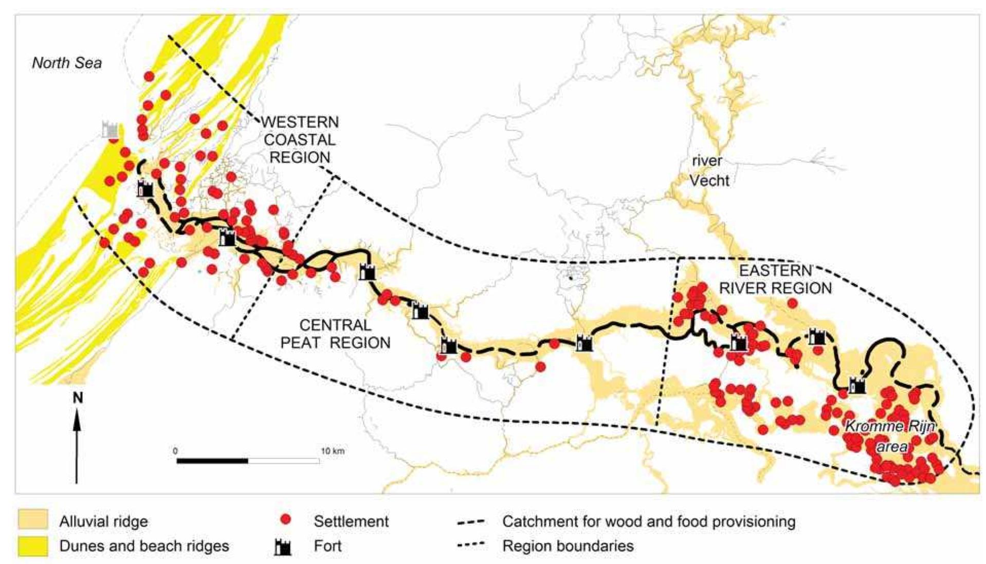Figure 4. Reconstructed settlements in the western Lower Rhine limes zone based on ARCHIS database (2009, after Kooistra et al. 2013). 