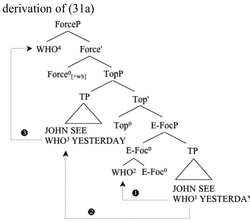 As depicted in (32), Nunes & Quadros (2006) propose a remnant movement analysis for the LSB structure in (31a). According to thi: analysis, this structure is a result of successive leftward movements whicl include fusion of the sentence-final wh-word WHO with a leftwarc E(mphatic)-Foc® (C° in our analysis) (step 1), movement of remnant TP tc a higher Spec position, i.e., Spec,TopP (step 2), and further movement o: WHO from within the remnant TP in Spec,TopP to Spec,ForceP in order tc check the strong [+wh] feature of Force’ (step 3). When Chain Reductior applies to the structure, the first and the third copies of the wh-word WHC (ie, WHO' and WHO’) as well as the lowest copy of the remnant TF undergo deletion for the structure to linearize as in (3 1a).  