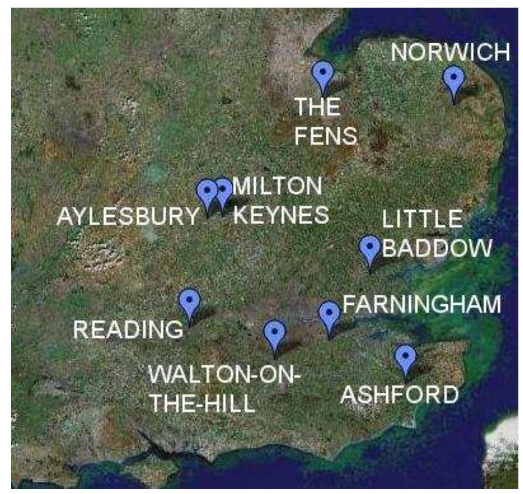 Fig. 1 Locations of contemporary dialect studies cited in this study. (N.B. The Fens are not amenable to such a small pinpoint; see Fig. 4 for more detail.)  Social dialectologists have consistently identified southeast England a a site of regional dialect levelling. Human geographers have also identifiec it as containing concentrated flows of people, resources, employment anc residence that define it as a “region”: not hermetically sealed, bu relatively insular and interactionally discrete, marked out not by any predefined boundaries but by the patterns of human movement around anc within it (e.g. Allen et al., 1998; Champion et al., 2007). (Importantly thi: differs from the administrative “South East of England”, which has very definite boundaries—see e.g. MAFF, ,2000c.) In both disciplines, thes descriptions only apply to the mid-20" century onwards; so the key is t see how the rise of this region corresponds with the rise of regiona levelling therein, and what (if any) relation they might have. 