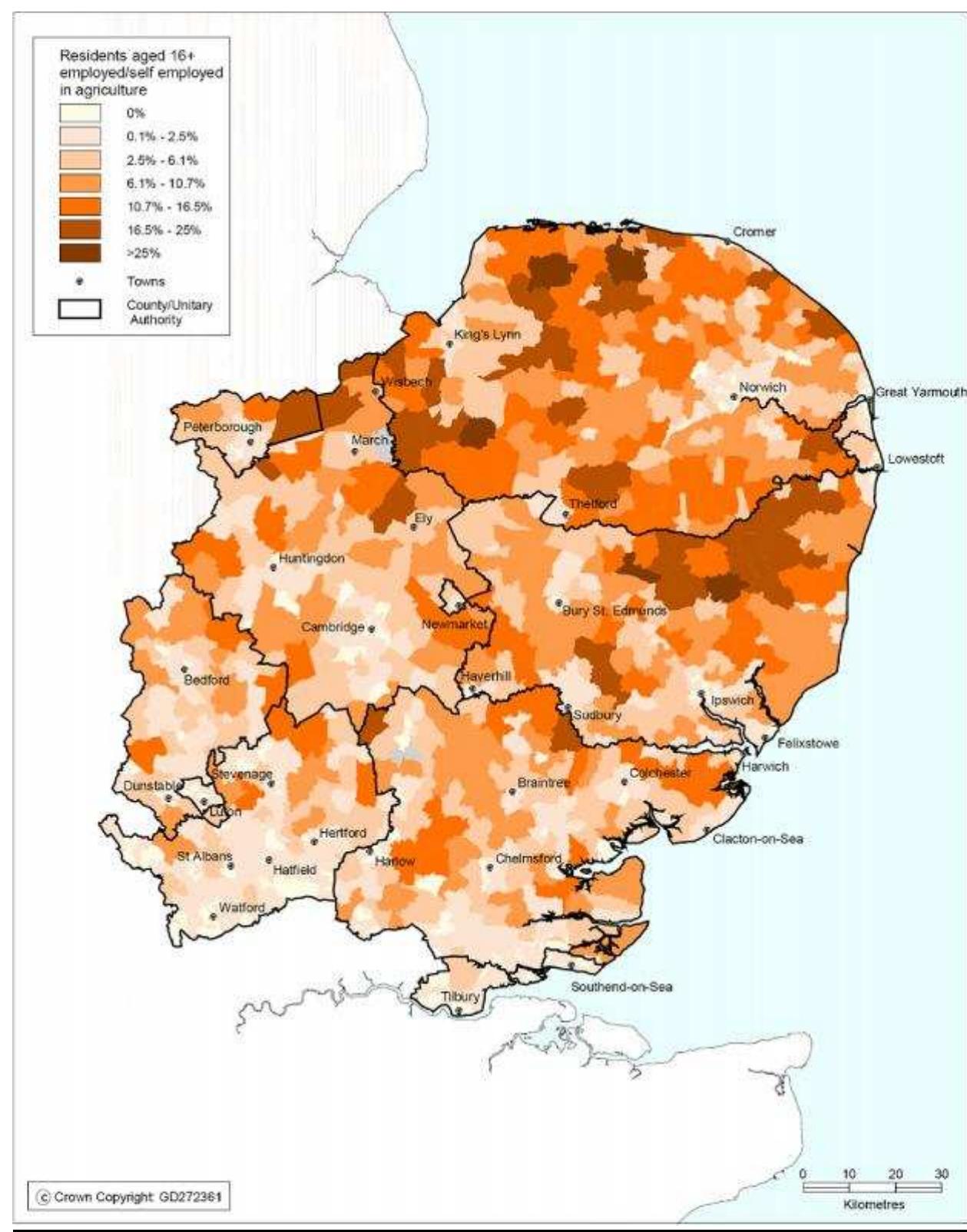 Fig. 10 Agricultural Employment in the East of England in 1991 (MAFF, 2000b:81) 