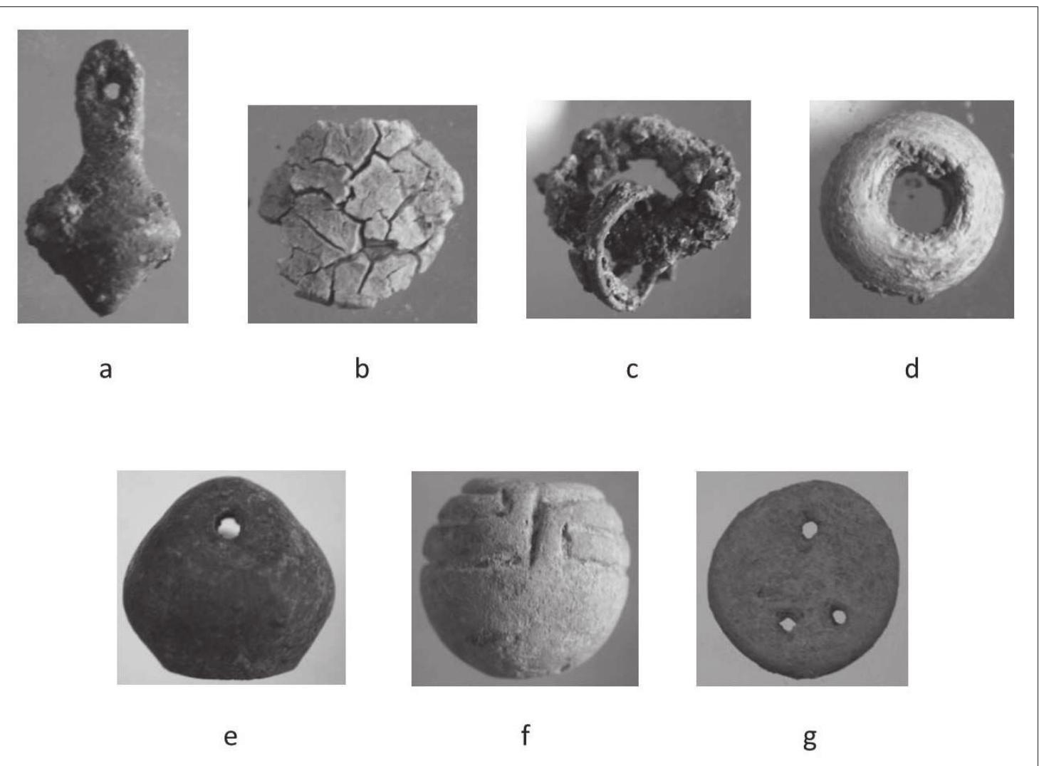 Fig. 2. a-g: jewellery and weaving utensils from structure A, assemblage 1.  Assemblage 1. This assemblage was first identified during the excavation in 2009 and more extensively excavated the following year. The assemblage is located in the western part of Structure A and is dominated by the presence of table wares consisting of skyphoi and oinochoai of Euboean and local origin. The assemblage also included amber and glass jewellery as well as bronze objects and weaving utensils (fig. 2a-g). 