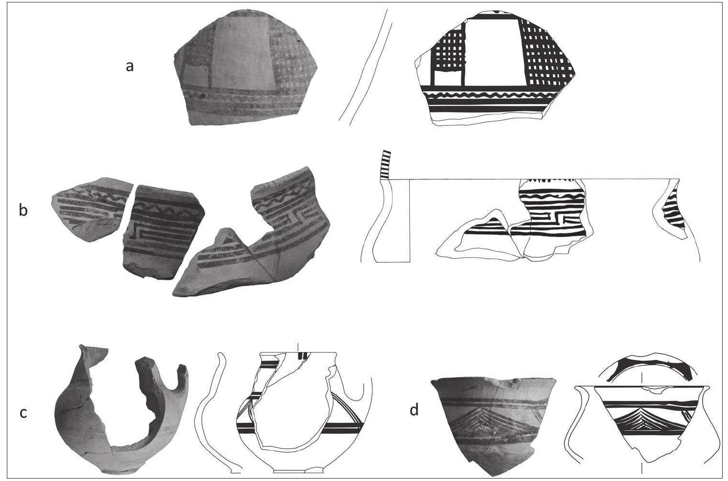 Fig. 4. a: biconical jar with elaborate decoration; b: open vessel with continuous labyrinth pattern; c-d: attingitoi with a tenda motif.  fragment of the upper wall of a bi-conical jar with more elaborate decoration was also found in Assemblage 2 (fig. 4a). The decoration consists of undulating and straight lines on the upper and lower areas, while the centre is covered by a vertical crosshatched area to the right, and a small vertical crosshatched area connected by short vertical lines to horizontal lines above and below on the left.  The decoration on this fragment can be compared to the decoration on a jug from Grave T57 in the Macchiabate necropolis, and related decorations occur on larce vessels from the sanctuarv!?. Assemblage 2 also contained an onen ves<el 
