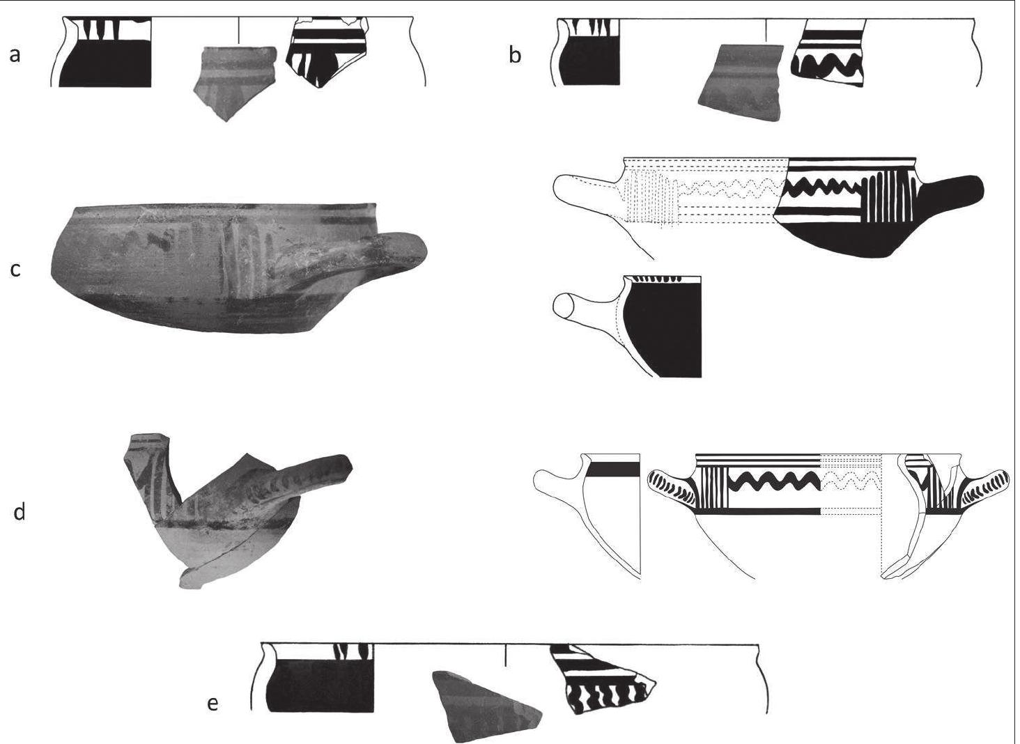 Fig. 5. a: Oinotrian-Euboean skyphos Type 2b; b: Oinotrian-Euboean skyphos Type 2a; c-d: Oinotrian Euboean skyphos Type 3a; e: Oinotrian-Euboean skyphos Type 3b. 