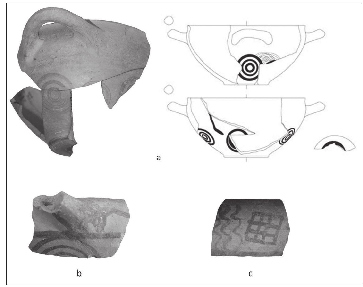 Fig. 6. a: Oinotrian-Euboean skyphos with concentric circles; b: Oinotrian-Euboean scodella Type 1; c: Oinotrian-Euboean scodella Type 2.  the Late Geometric Period, but only as a row of small closely placed circles on 