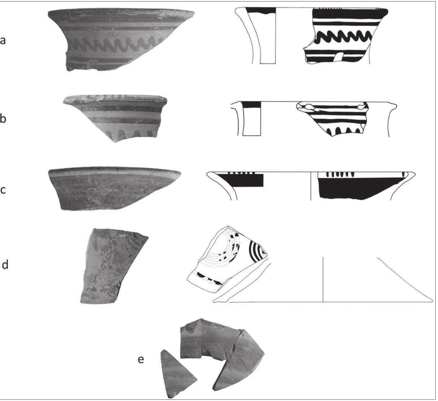 Fig. 7. a-b: Oinotrian-Euboean amphorai; c: Oinotrian-Euboean olla; d: lid from Oinotrian- Euboean vessel; e: frr. from Oinotrian-Euboean crater. 
