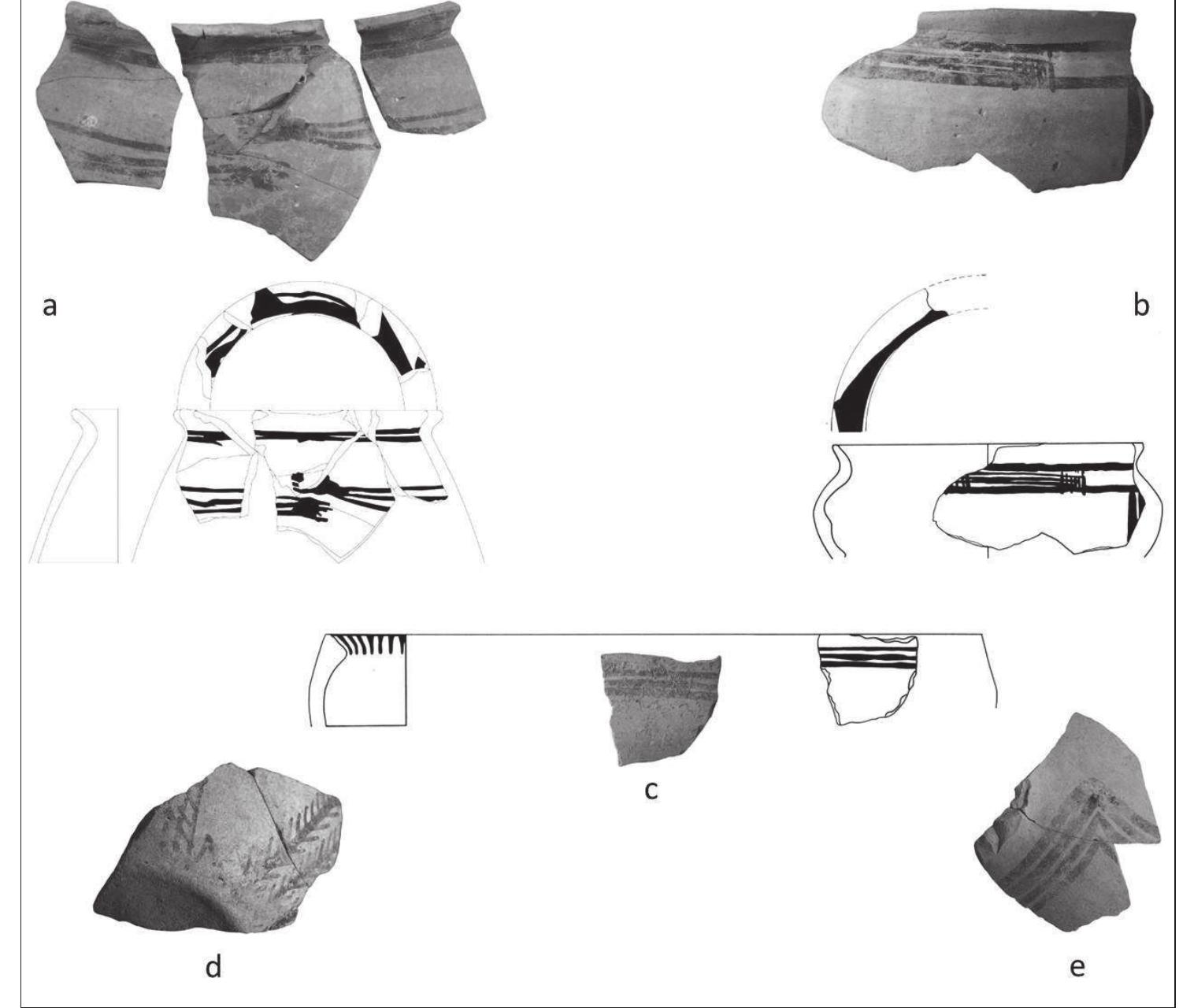 Fig. 8. a: biconical jar with a tenda motif; b: kantharos with ‘Fringe Style’ decoration; c: scodella with horizontal line decoration; d: closed vessel with branch-motif and bird; e: askos with a tenda motif. 