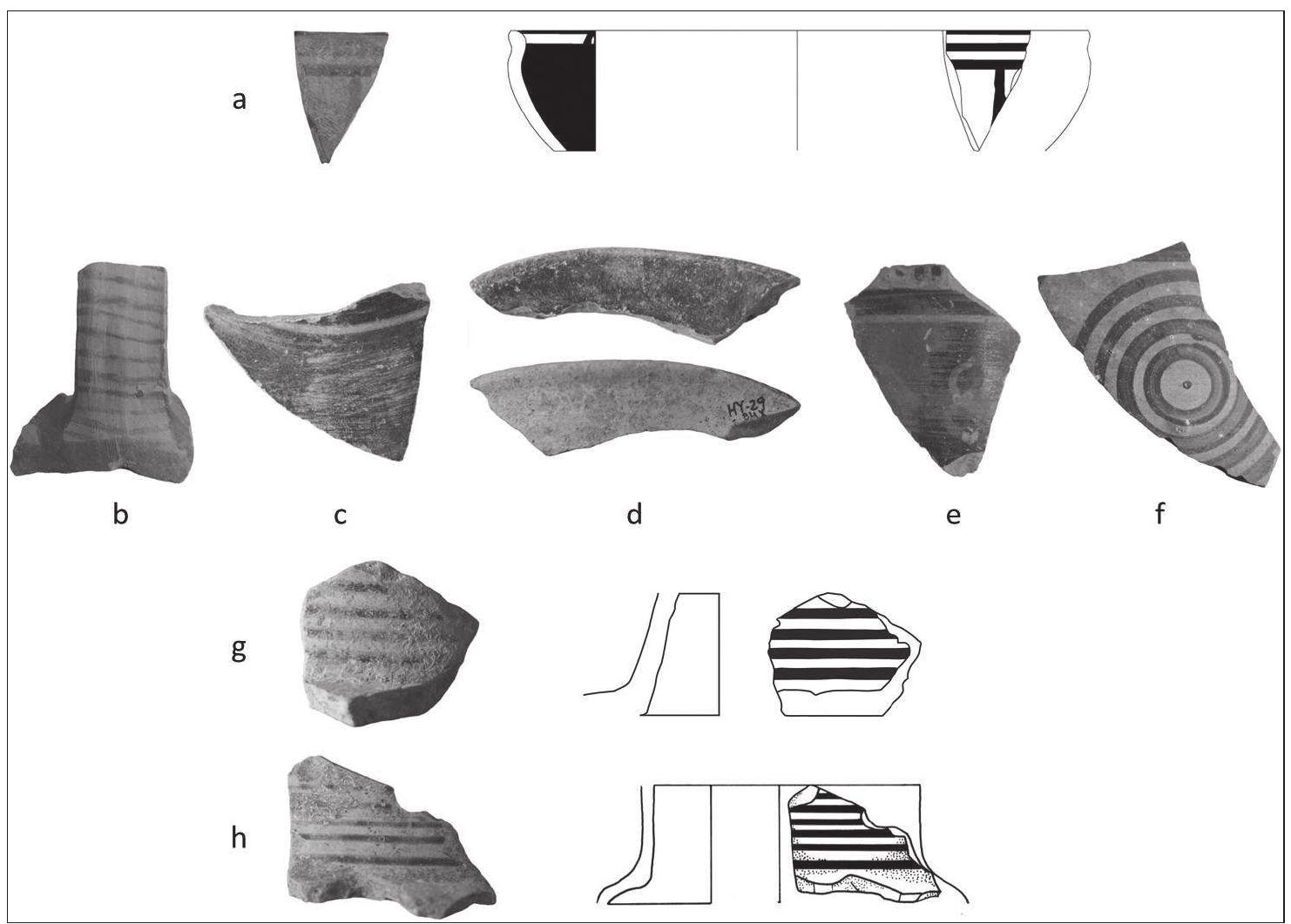 Fig. 9. a: Oinotrian-Euboean skyphos Type 3; b: Oinotrian-Euboean kantharos; c-d, g-h: Oinotrian- Euboean oinochoai; e: Euboean oinochoe; f: wall fr. with concentric circles from closed vessel.  ragments of two askoi and some bichrome wall fragments with banded lecoration of uncertain shapes are worthy of note (fig. 8e). The Oinotrian- <uboean pottery is represented by skyphoi, the majority of which belong to Type 3, and some fragments of kantharoi (fig. 9a, b). The Oinotrian-Euboean scodelle ure absent, except for a single fragment. Fragments from at least 5 Oinotrian- =uboean oinochoai were also found. These oinochoai are either decorated with ines or completely monochrome with applied white decoration (fig. 9c, d, g. 1). The latter kind clearly derive from similar Euboean oinochoai, which are vell-represented among the local productions of Pithekoussai**. Fragments rom 2 oinochoai with applied white paint have a distinct clay, which is visually lifferent from that of the Oinotrian-Euboean pottery indicating a Euboean origin fig. 9e)°. In addition, several wall fragments with concentric circles belong tc 