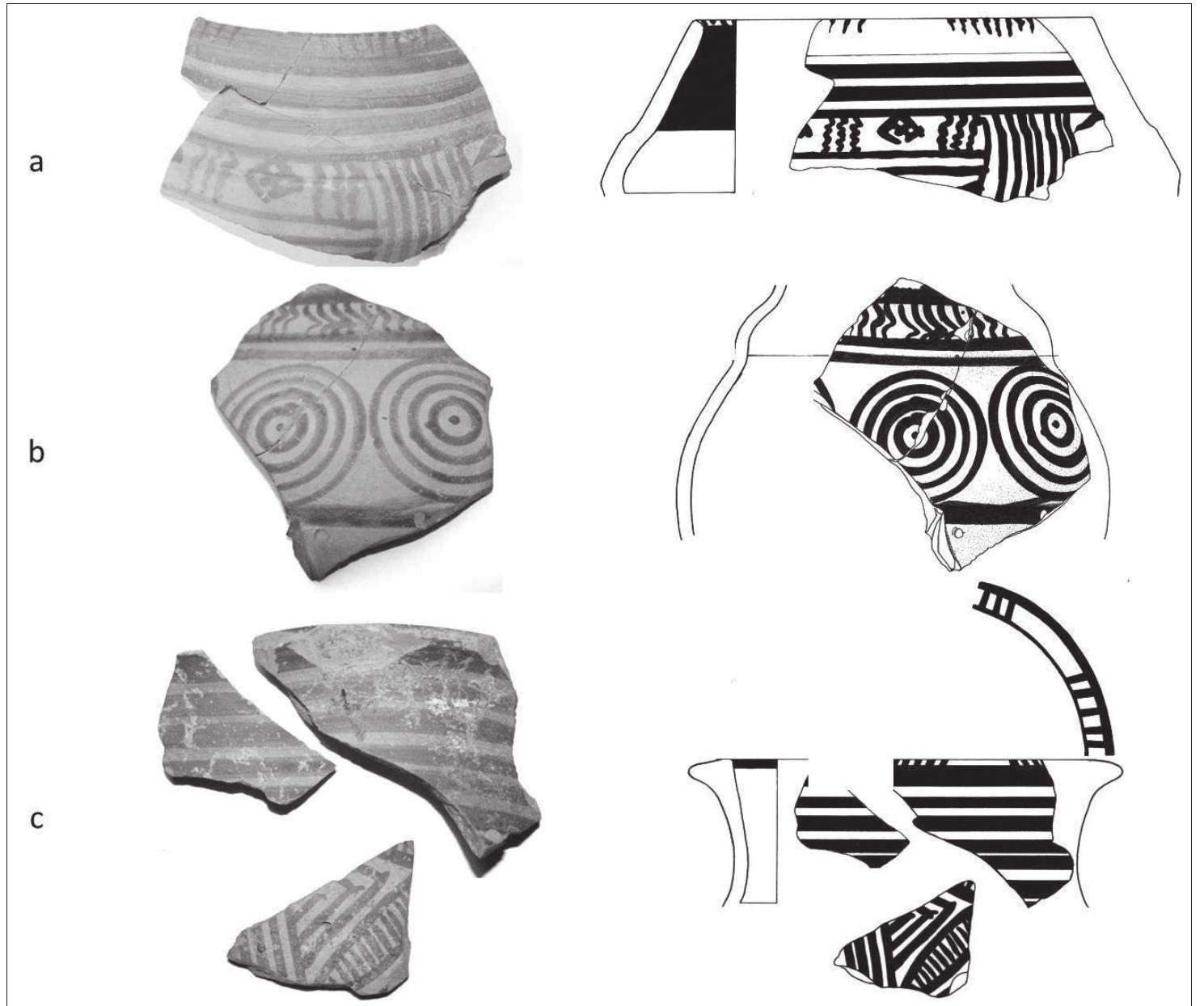 Fig. 11. Oinotrian-Euboean vessel from the summit of Timpone della Motta.  tid POUUCLY WOLKSHOD.  The Oinotrian-Euboean production at Timpone della Motta has already yeen described elsewhere, but a brief summary and further remarks on the stylistic repertoire will be given here (fig. 11a-c, fig. 12a-g). On the basis of the particularity of the ‘Fringe Style’ matt-painted pottery and, more importantly, he presence of wasters of matt-painted pottery we can be fairly certain that ndigenous matt-painted pottery was produced somewhere in the vicinity of rimpone della Motta*’. 