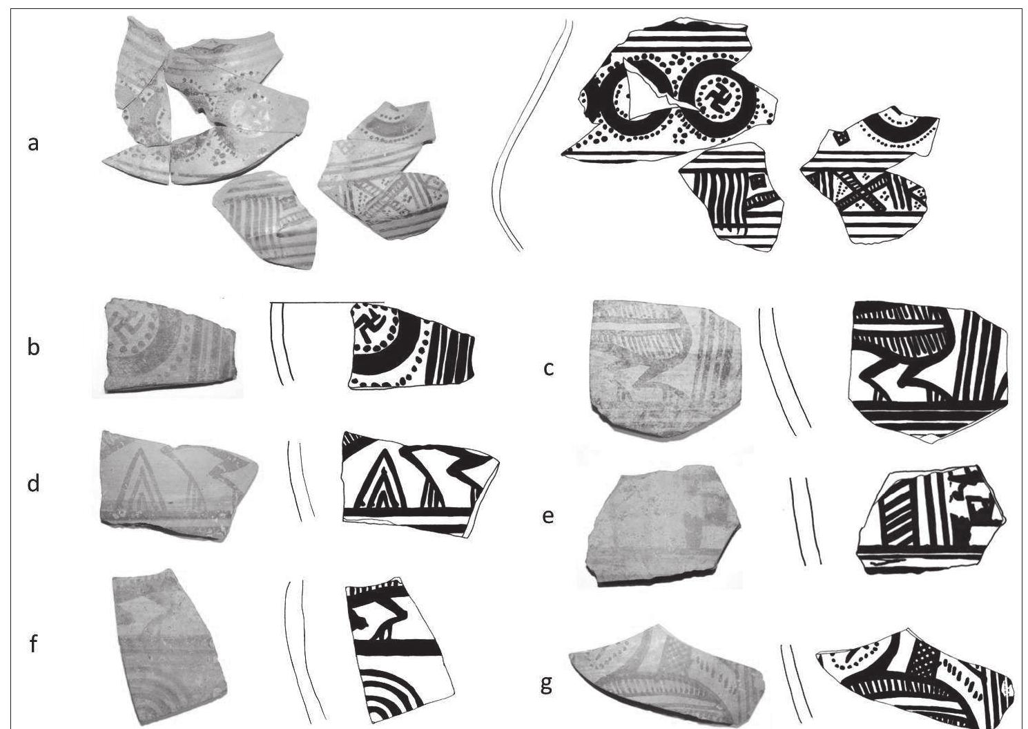 Fig. 12. Oinotrian-Euboean vessel from the summit of Timpone della Motta.  However, the matt-painted and the Oinotrian-Euboean productions were clearly separated both in terms of technology and style. The production of matt- painted pottery was restricted to traditional shapes, such as askoi, scodelle, and biconic jars, with little development throughout the 8" century BC. The Oinotrian-Euboean production consisted mostly of traditional Greek shapes, and the development of the skyphos followed the development in Greece closely.  Two indisenonus shanes the bi-conical jar and the scodella were however 