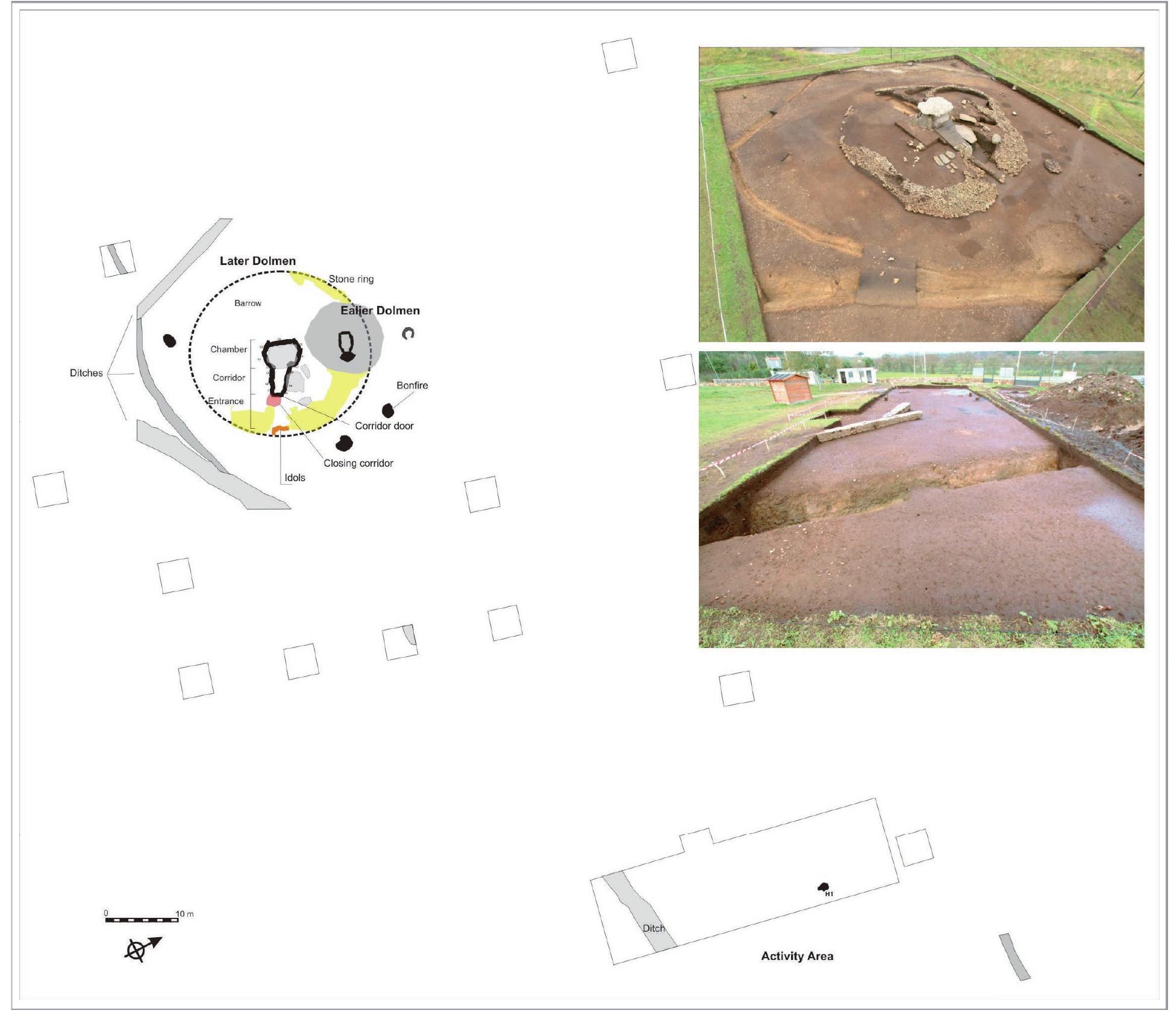Figure 2. Distribution of the excavated surface on the land where the Dolmen of Dombate is located, including a schematic map of the dolmen and two photos (top: the dolmen, bottom: the area of bell beaker activity, both viewed from the south) nine orthostats, open to the east, and ‘late’ Dombate,
