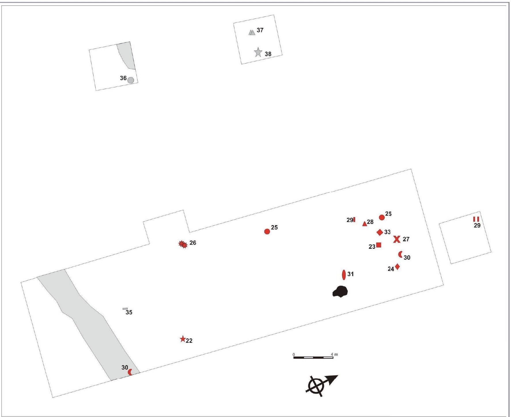 Figure 5. Distribution of the vessels documented in the area of activity excavated to the east of the Dolmen of Dombate. Each numbe corresponds to a vessel