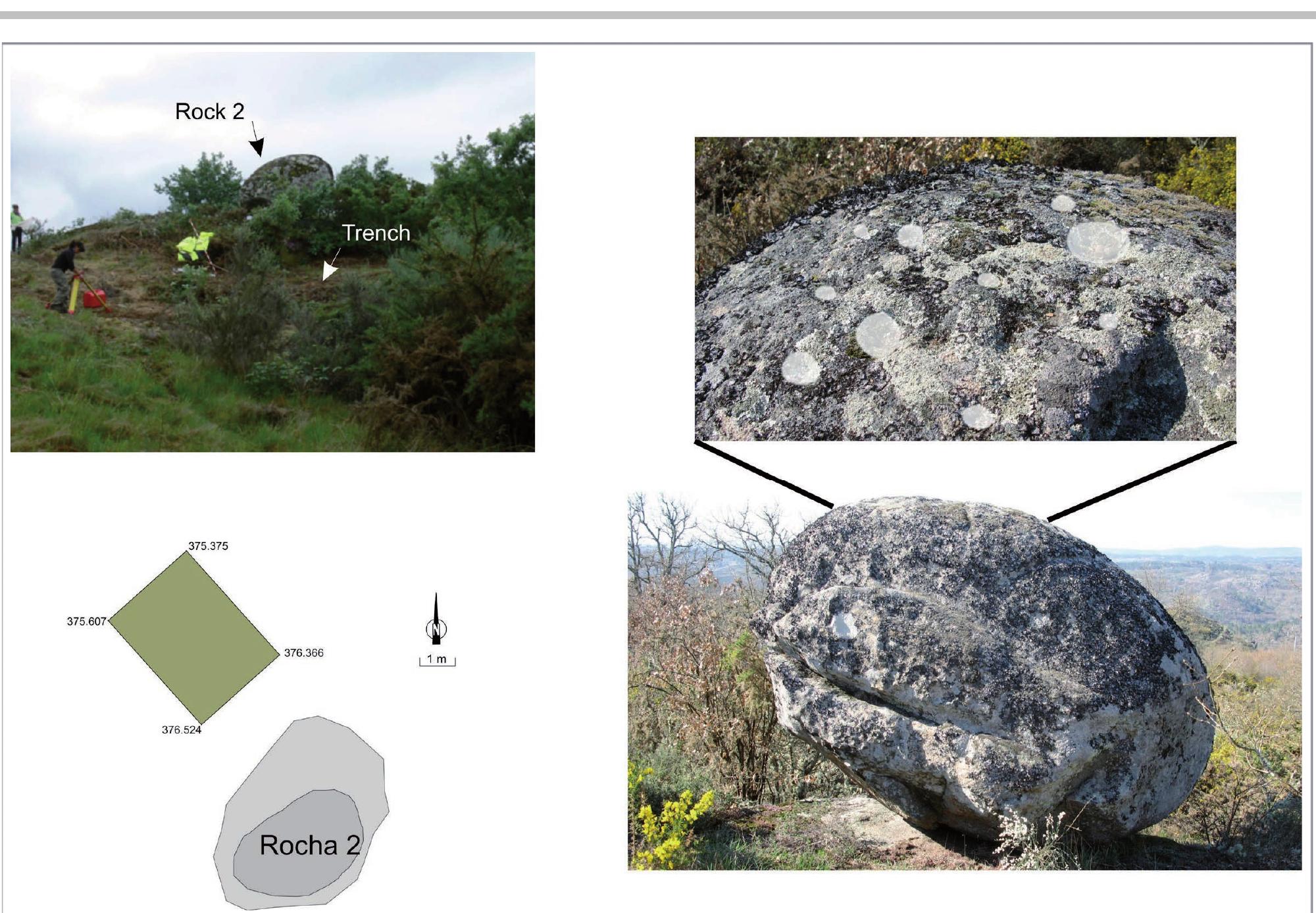 Figure 6. Distribution of the trench related to “A Ferradura 7-Rock 2” and general and detailed view of A Ferradura 7 (Rock number 2). Cup marks have been highlighted using digital methods
