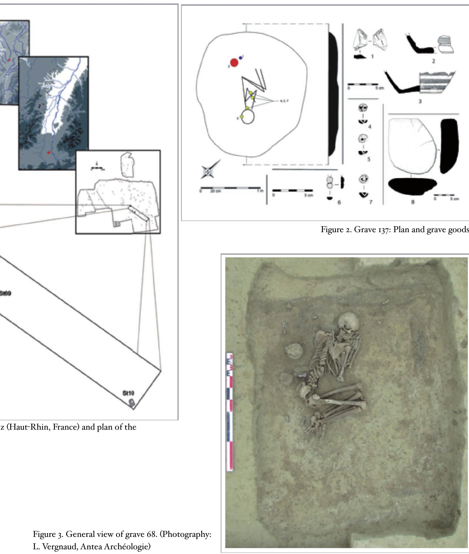 His equipment (Fig. 4) is composed of 2 decorated bell beakers (n°4 and 5), 3 flint arrowheads (n°s to 3), 1 schist wristguard (n°6) - Grave 68 (Fig. 3 and 4): a quadrangular pit with rounded corners. The body of a man, aged between 30 and 59 years, was put in the North-West quarter of the structure, on the left side in a flexed position, his head to the North-West.